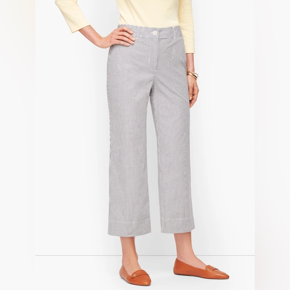 NWT Talbots Wide Leg Crop‎ Chino Oxford Stripes White/Navy Size 8 Casual Preppy